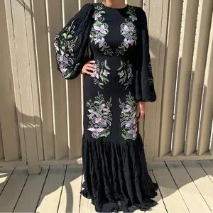 green emerald velvet dress Rent Asos Edition Blouson Sleeve Floral Embroidered Maxi Dress With Open  Back In Light Pink main image 1